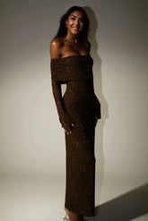 Marcel Off Shoulder Diamante Maxi Dress - Chocolate
